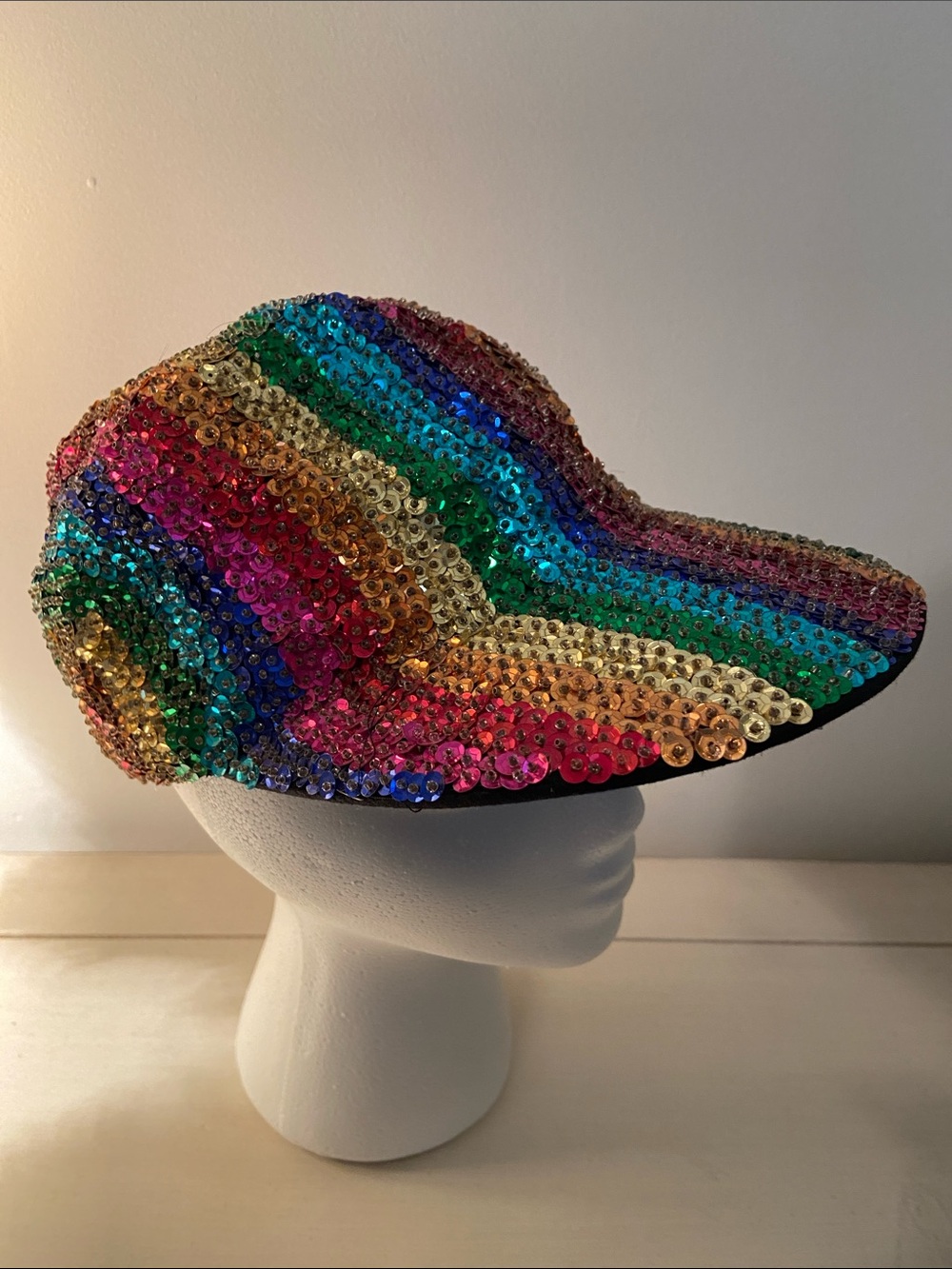 Handmade Rainbow Stripe Sequin Baseball Hat One Size Festival Colorful Vintage